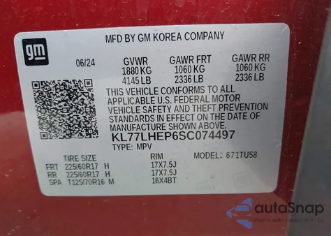 2025 Chevrolet Trax Fwd Lt z USA, uszkodzony, nr VIN KL77LHEP6SC074497